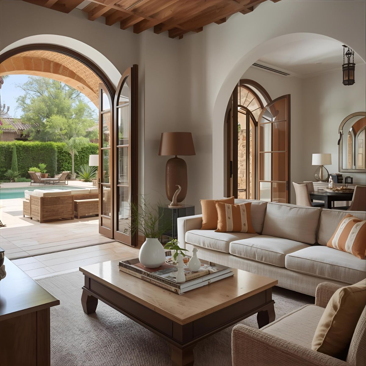 Outdoor terrace with sea-inspired view